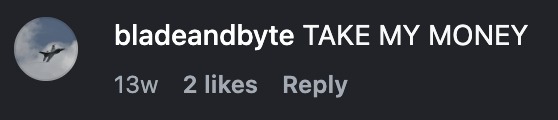 Instagram comment: TAKE MY MONEY