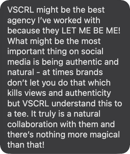 Text from James Seo: VSCRL might be the best agency I've worked with because they LET ME BE ME! A natural collaboration — there's nothing more magical than that.